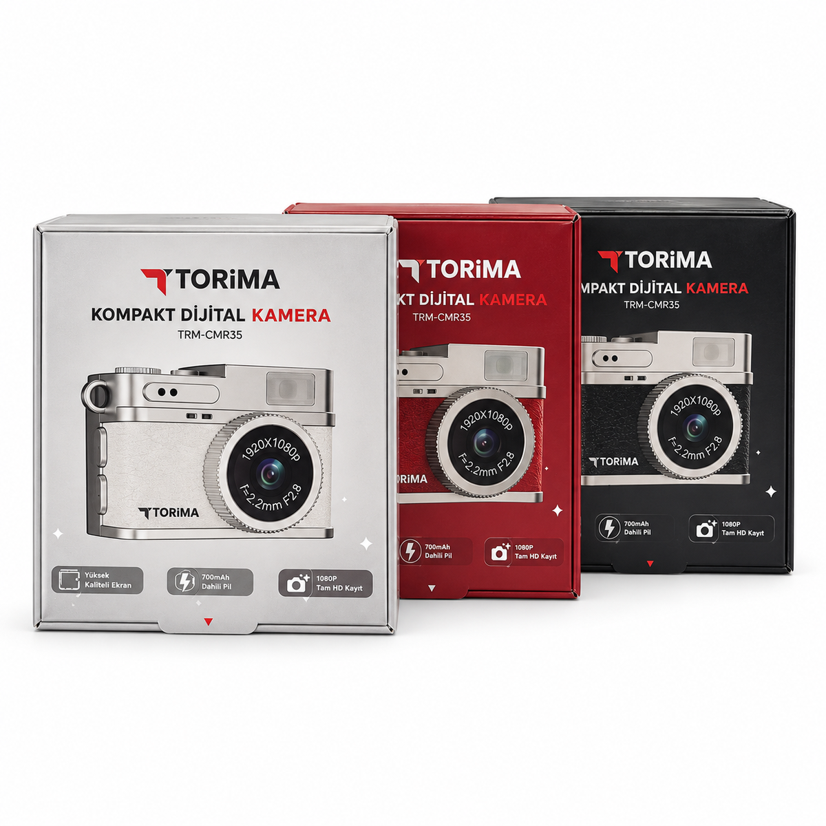 Torima TRM-CMR35 kompakt dijital kamera üç renk beyaz arka plan ürün fotoğrafı